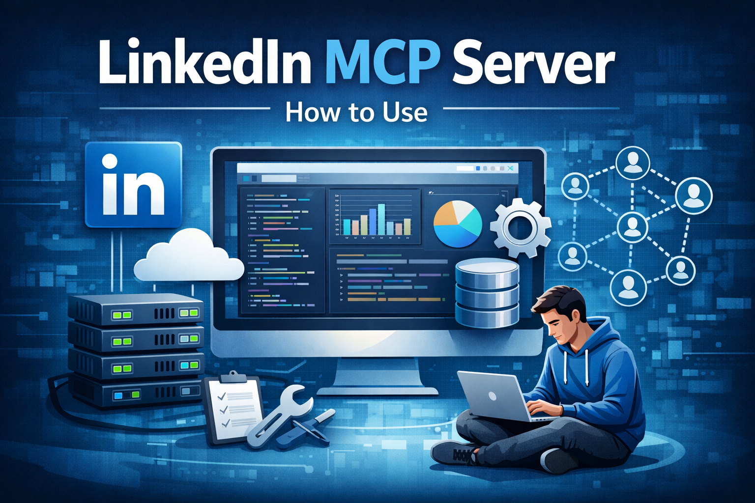 LinkedIn MCP Server – illustration of LinkedIn, server and AI assistant integration