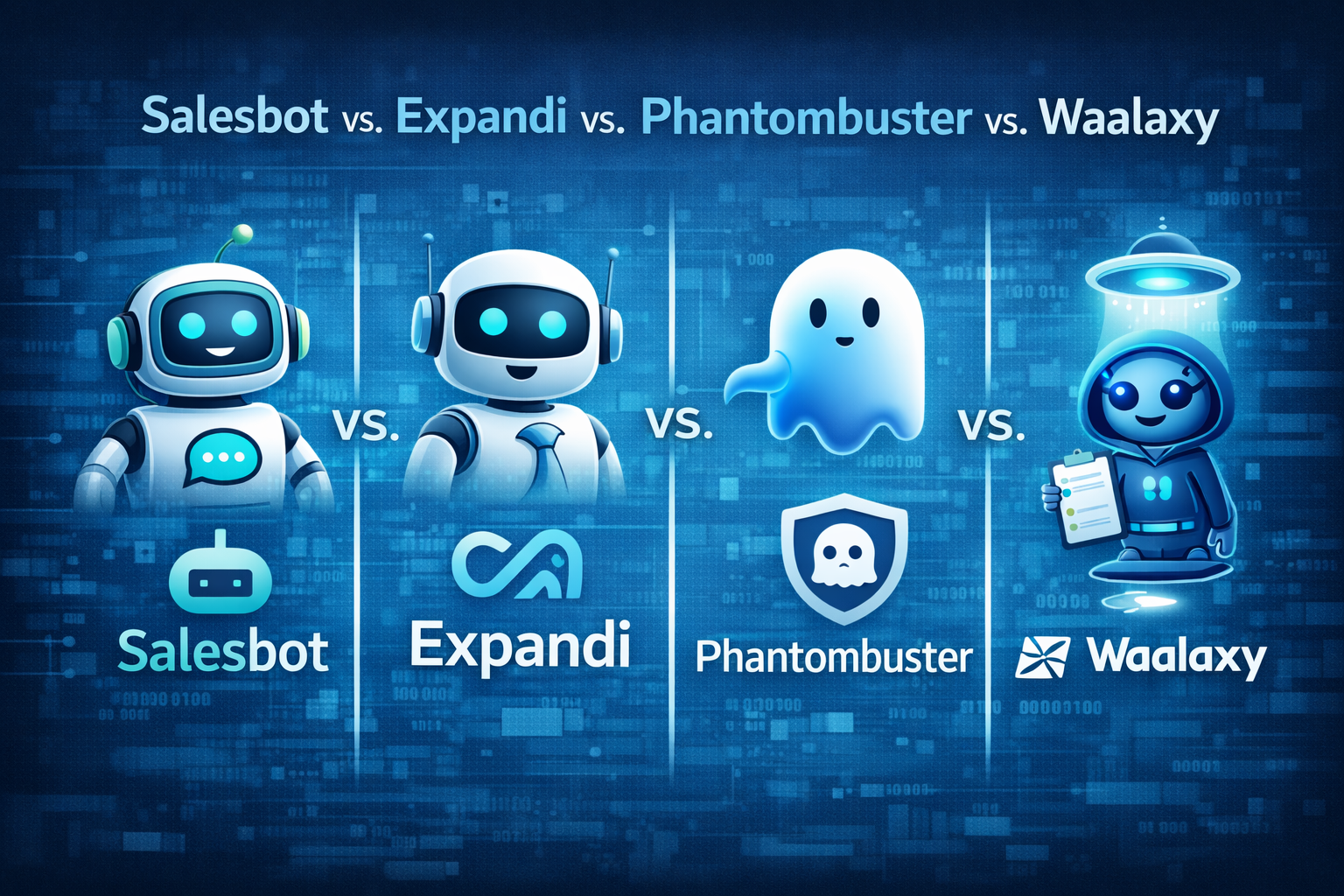 Salesbot vs Expandi vs Phantombuster vs Waalaxy – comparison illustration of four LinkedIn automation tools