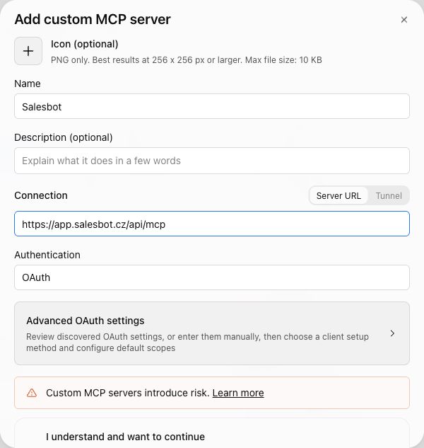 Real ChatGPT custom MCP setup dialog with the Salesbot server URL and OAuth selected