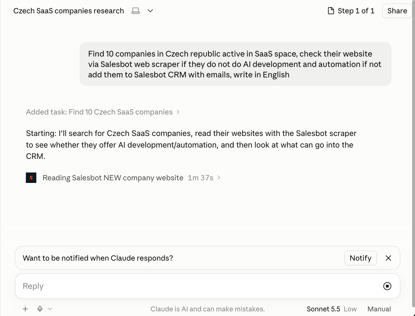 Claude showing a Czech SaaS company research request and a Salesbot company website-reading tool call in progress